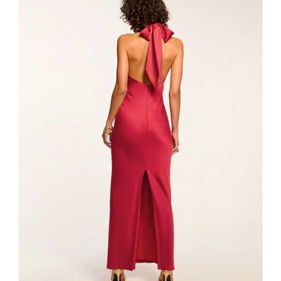 Ramy Brook $645 Tatiana Red Satin Halter Maxi Dress Bow Backless Gown Sz 6 NEW - Picture 3 of 10